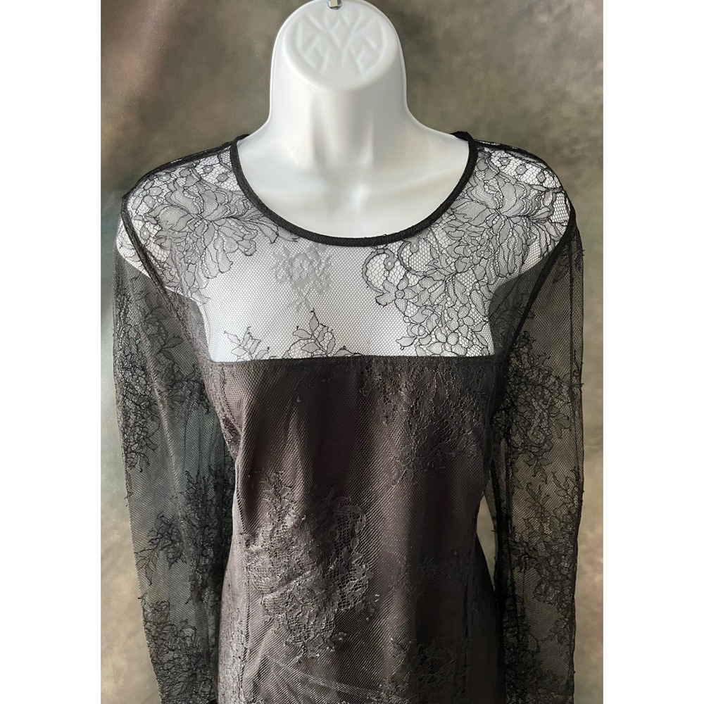 Donna Karan New York Black Lace Overlay Long Sleeve Midi Dress Size Large - Picture 3 of 9